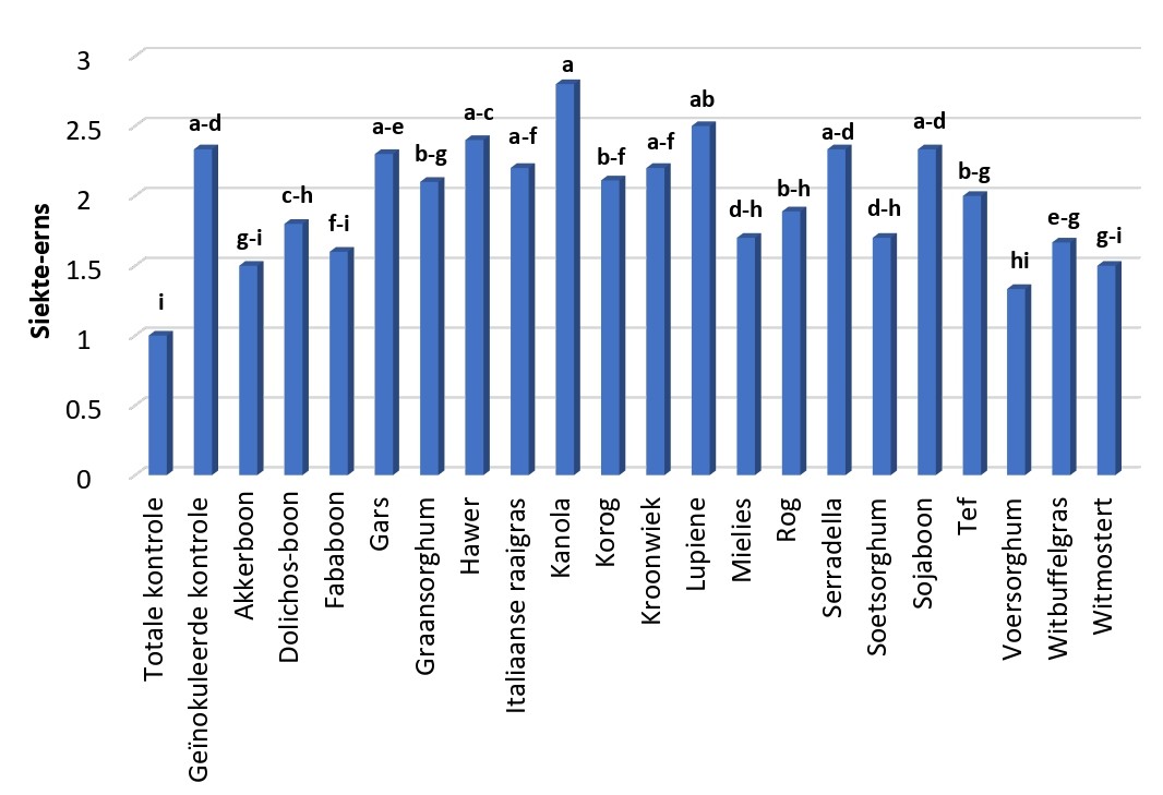 Die siekte-erns veroorsaak deur die verskillende groenbemestinggewasse
tydens die eerste proef. Die statistiese verskille word deur die
alfabetiese letters aangedui.